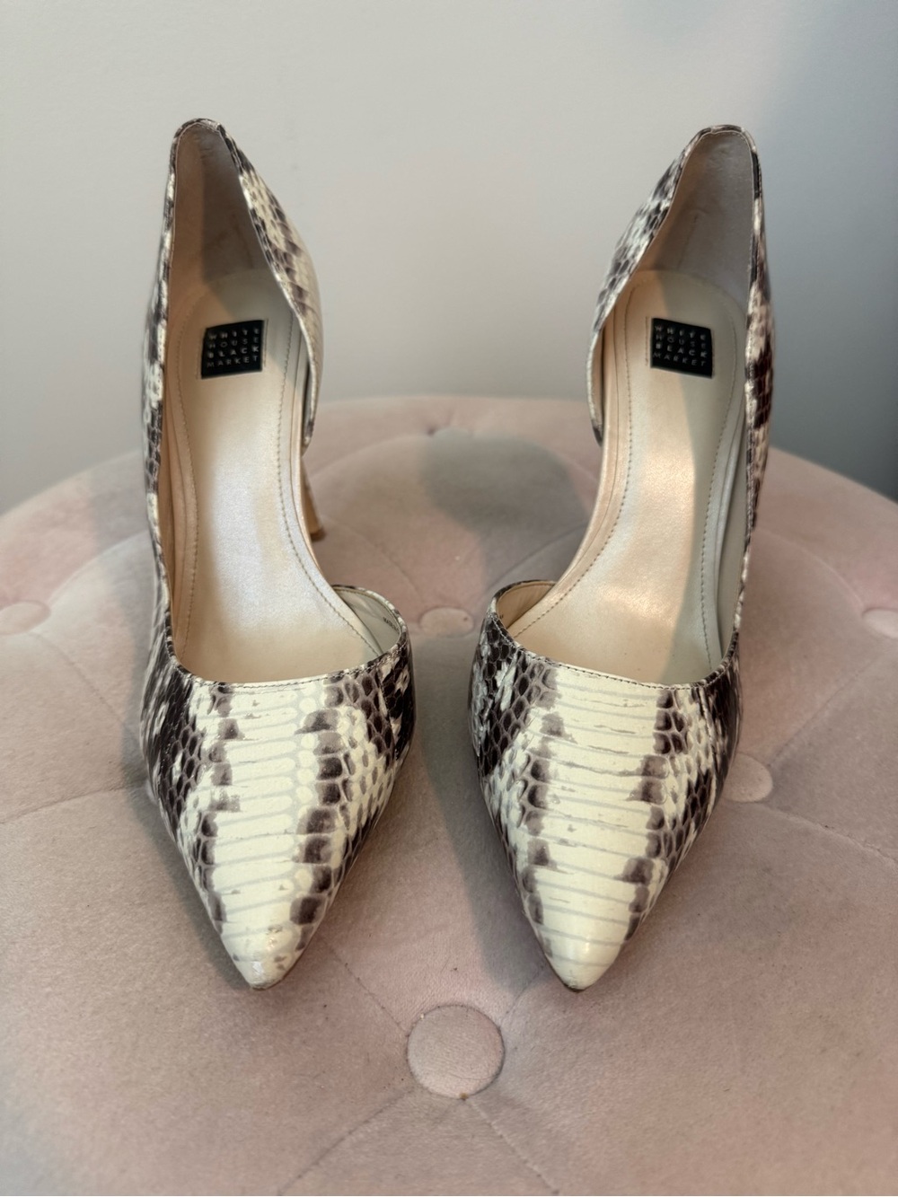 White House Black Market Women's Snake-Print Pointed Pumps in Cream and Brown